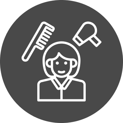 Person with hair tools icon, gray background.