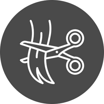 Scissors cutting hair icon on dark background.